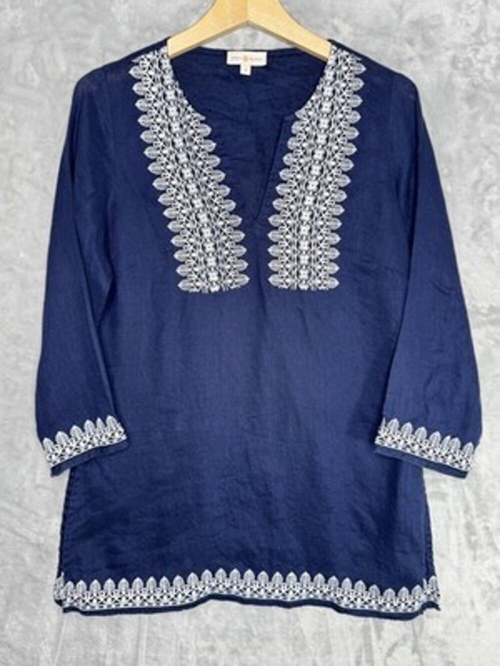 Tory Burch Blouse Womens Small Blue Embroidered Linen Tunic 3/4 Sleeve Boho